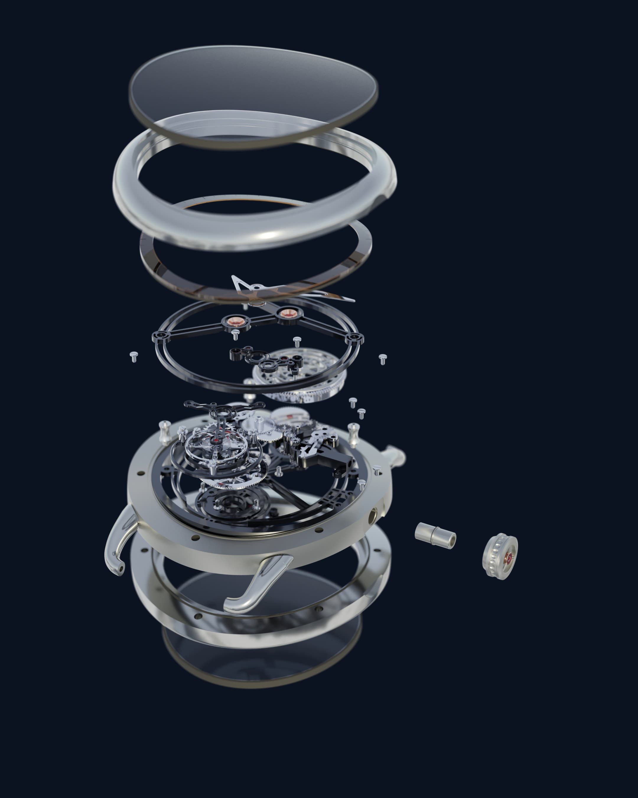 Exploded view of the MW-001: sapphire crystal, bezel, chapter ring, hands, bridges, movement, case middle, crown and case back
