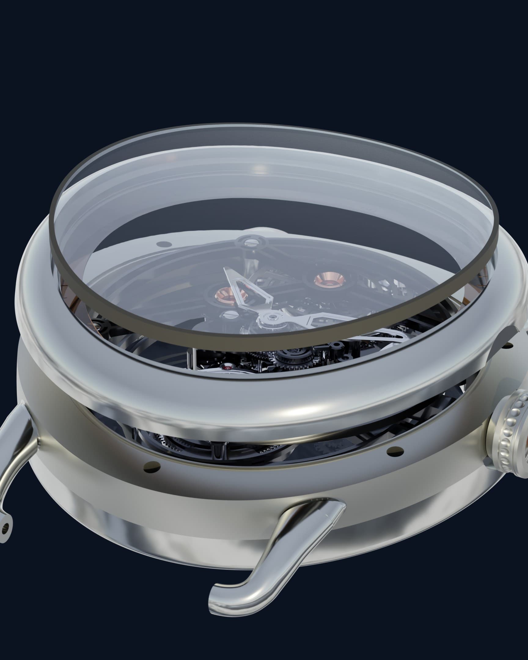 MW-001 partially opened: the crystal, bezel and chapter ring lifted above the case