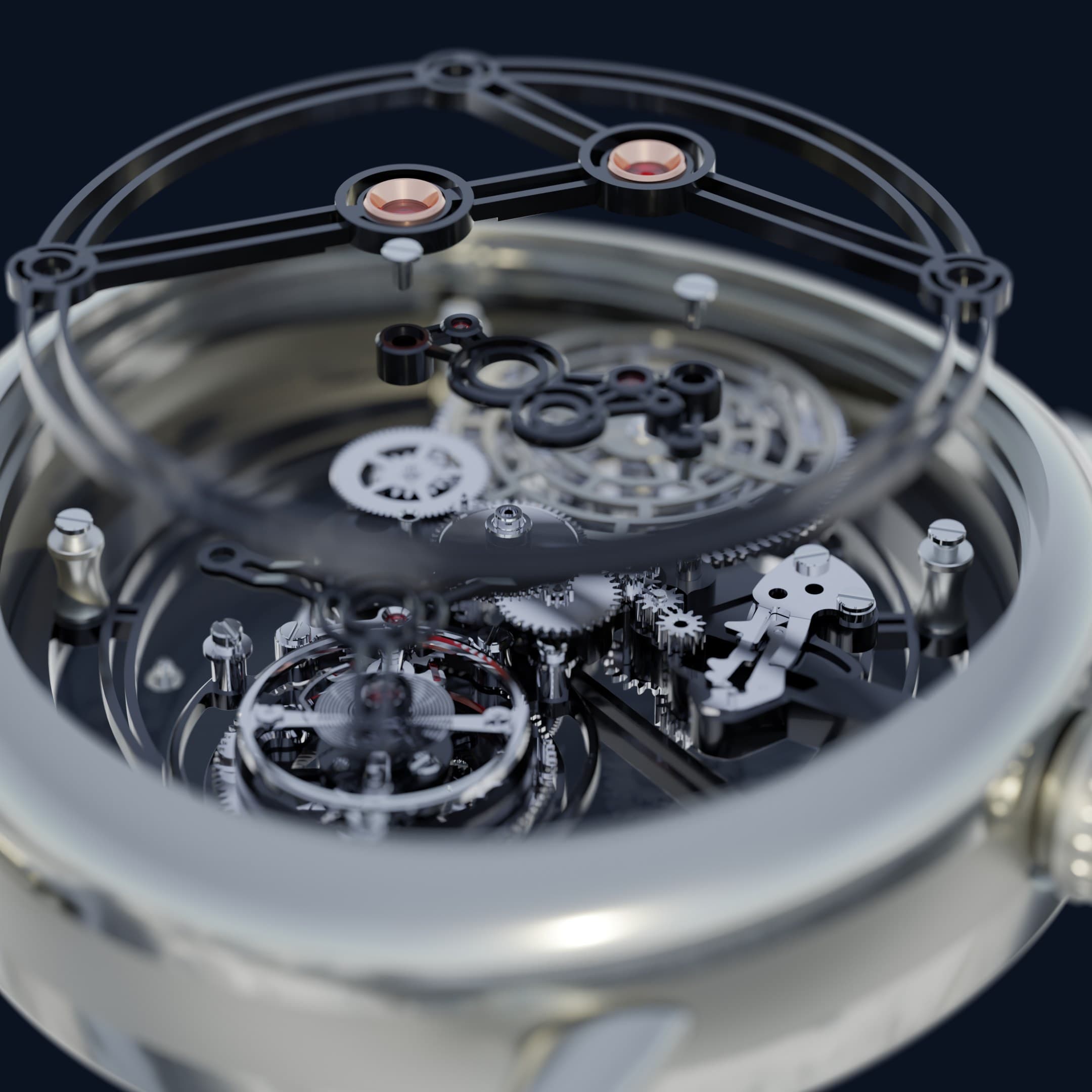 Detail of the MW-001 Y-shaped bridges and their rubies, the movement out of focus behind