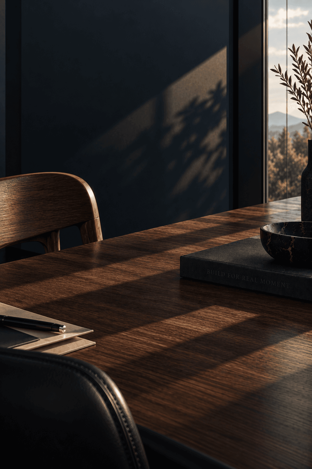Oak table in evening light, a notebook and a pen laid out in front of the window